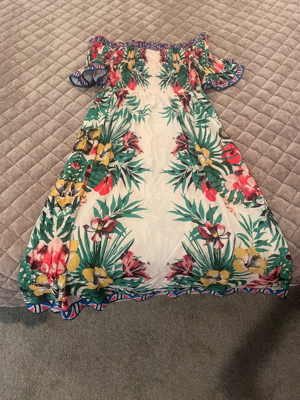Flying Tomato White Floral Off-Shoulder Midi Dress with Green & Yellow